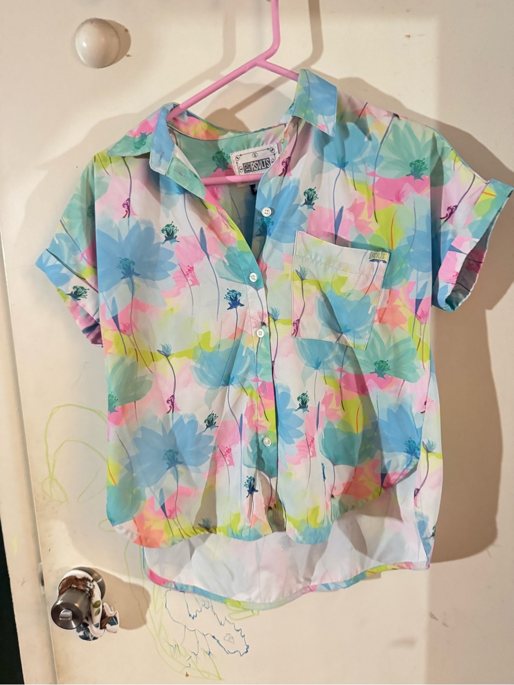 RSVLTS Pastel Floral Button-Up Blouse - Blue, Pink, Yellow, Green